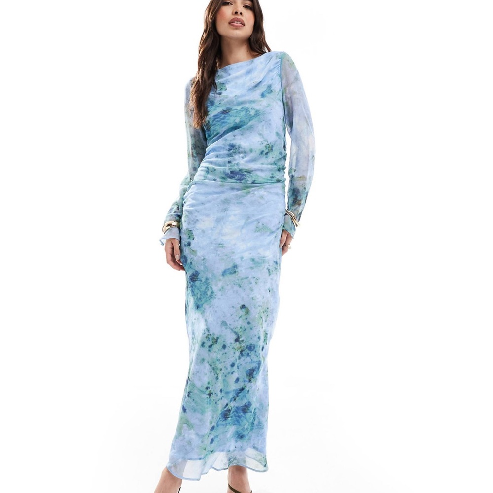 Asos design ruched sleeve maxi dress in blue marble print size 8 never worn